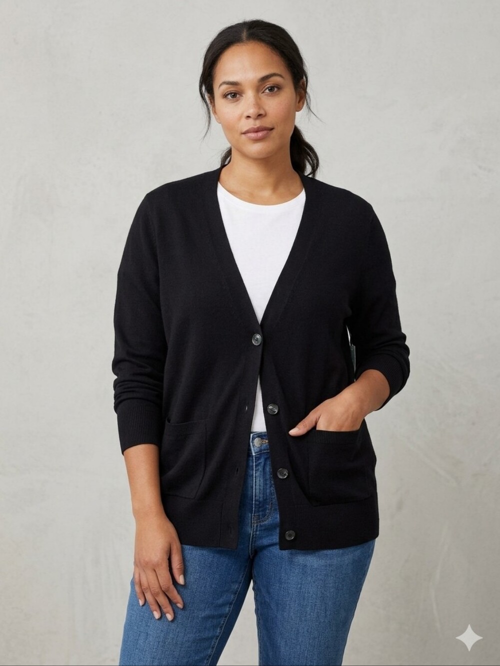 Time and Tru Black V-Neck Button Front Cardigan w/Pockets Size XL (16-18)